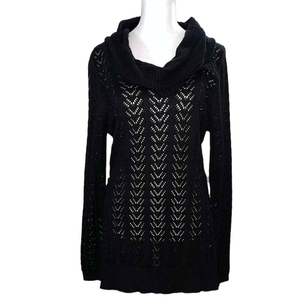 Croft & Barrow Cowl Neck Sweater Womens Medium Black Pointelle Open Knit Chevron